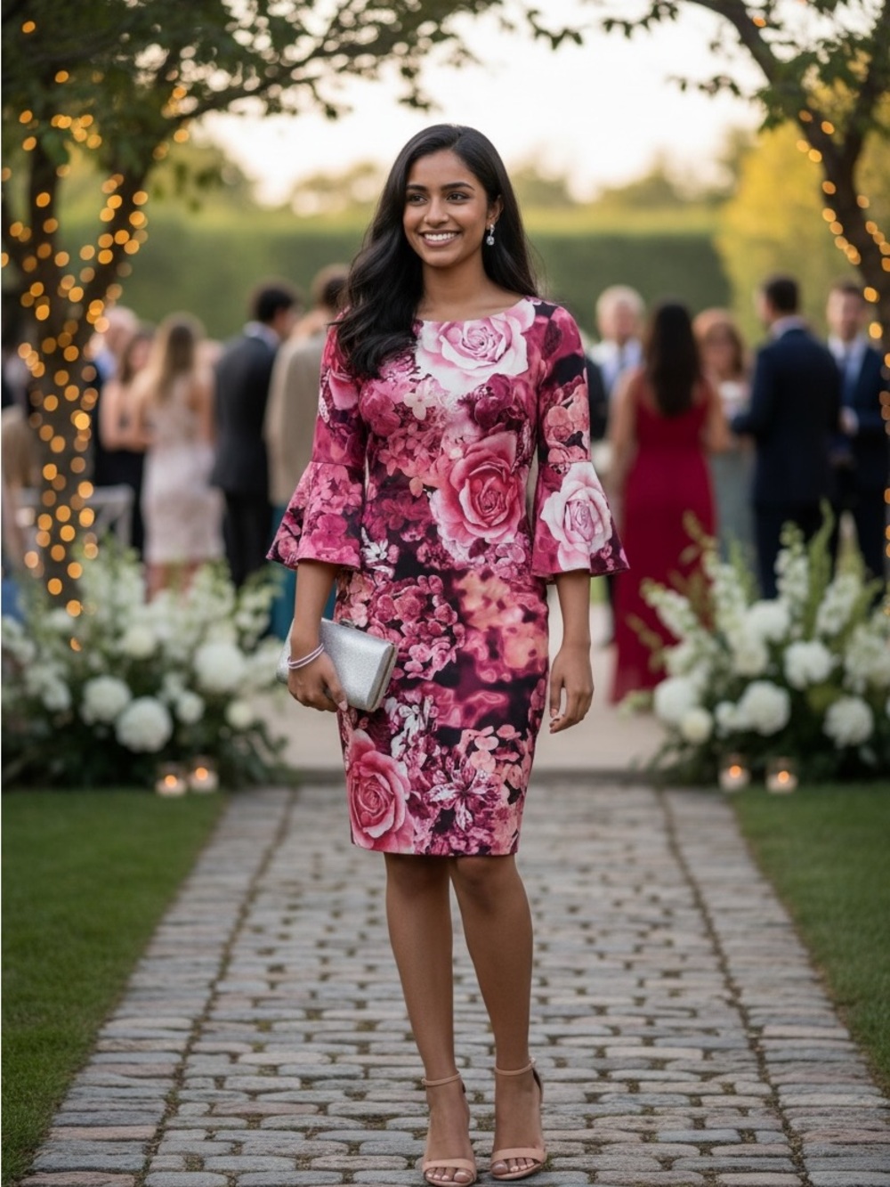 Calvin Klein Pink Floral Bell-Sleeve Midi Dress Size M - Picture 2 of 11